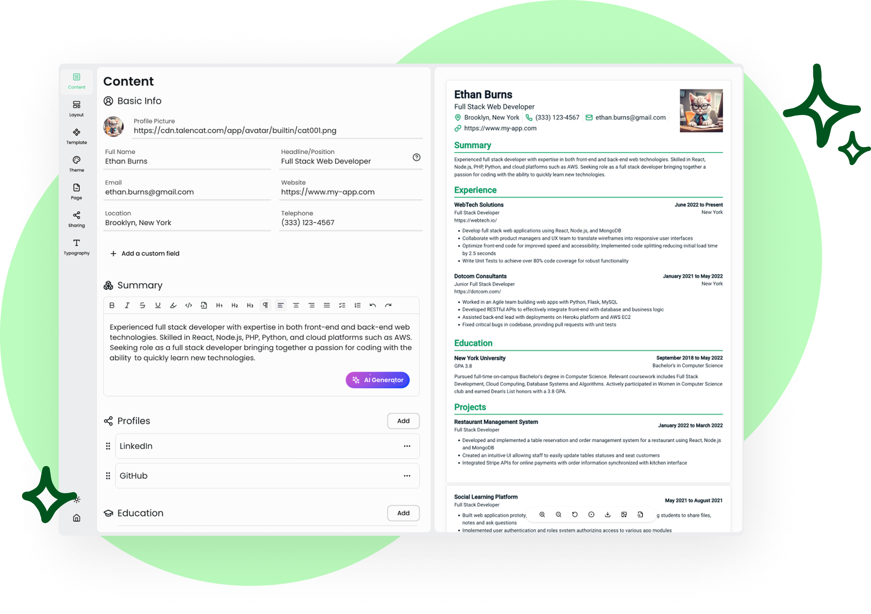 Visual Editing, Real-time Preview of Your Resume